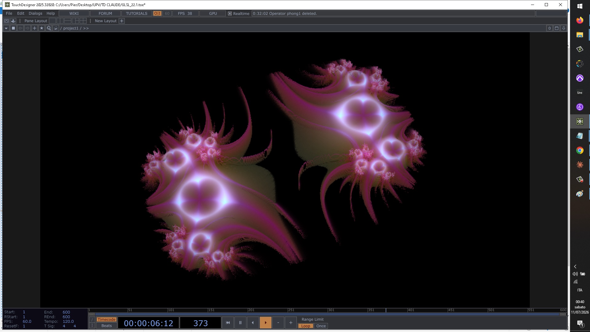 TouchDesigner development frame with two compact fractal organisms