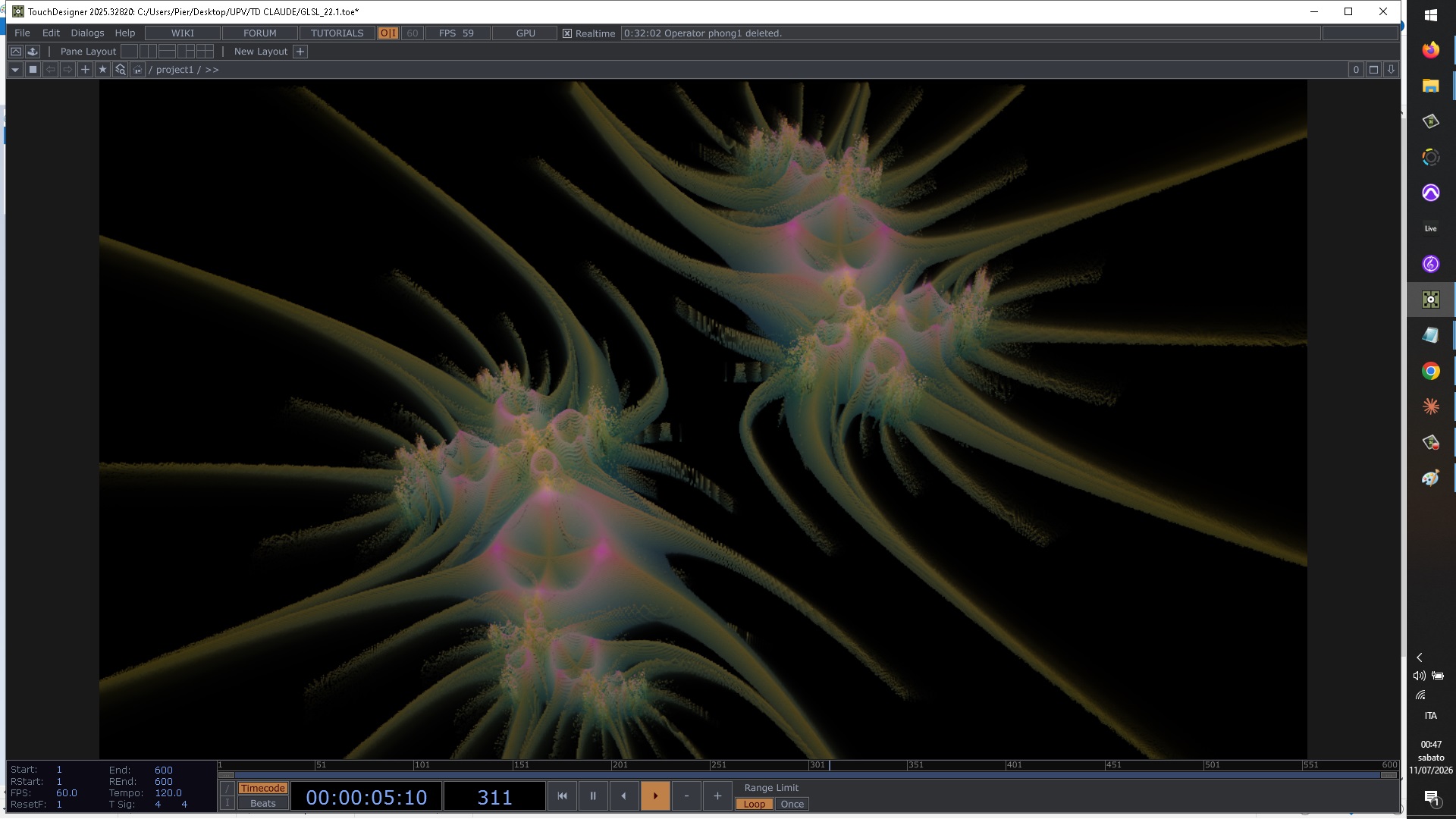 TouchDesigner development frame showing two interacting fractal forms